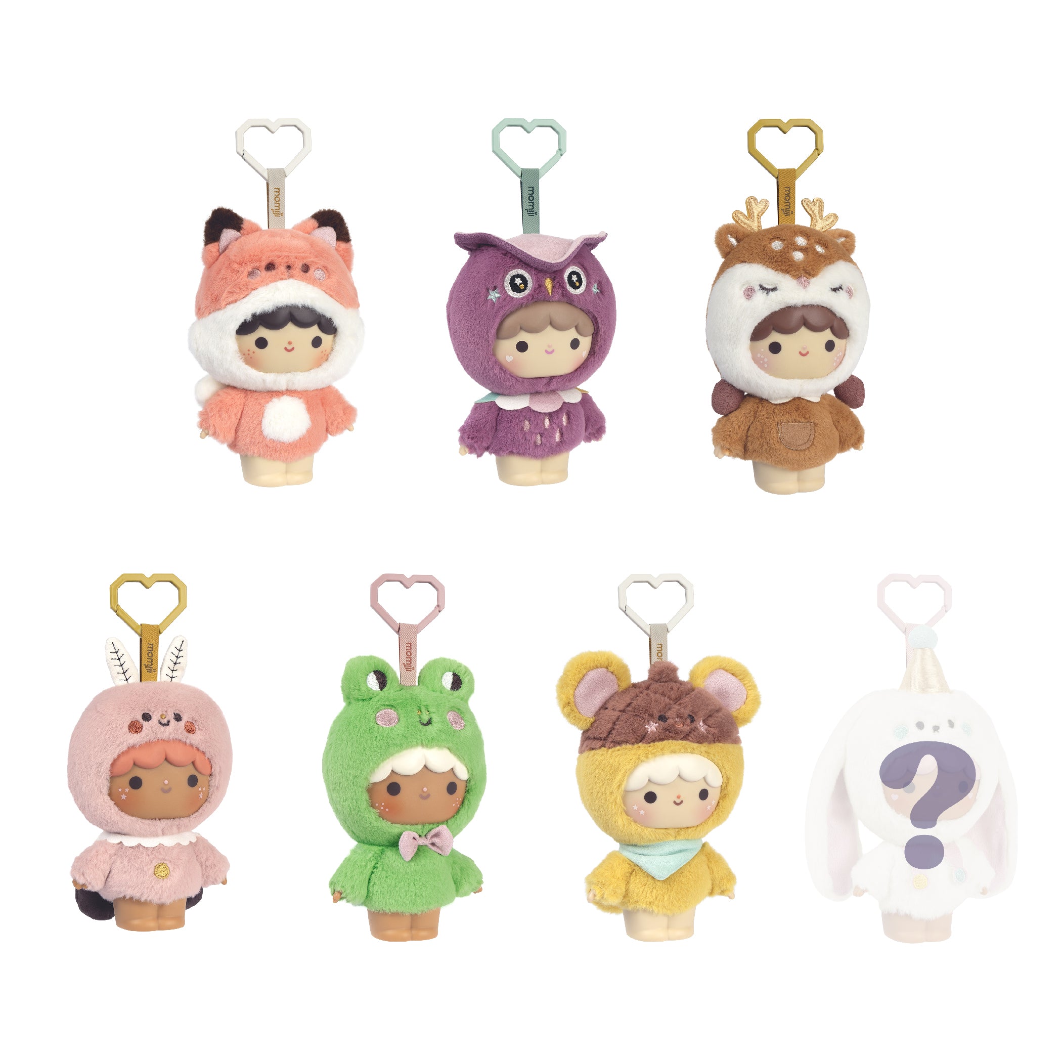 Blind box of 6 Sugar Plum Momiji dolls with key tags, each in a cute animal costume—plus one secret Momiji doll inside!. — Momiji Doll