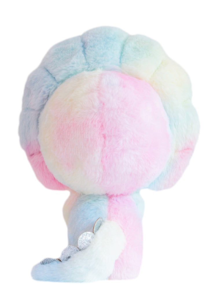 Roarsome Rainbow Momiji doll as a pastel dinosaur, fluffy tail, silver spikes; shown from the back on white background. — Momiji Doll
