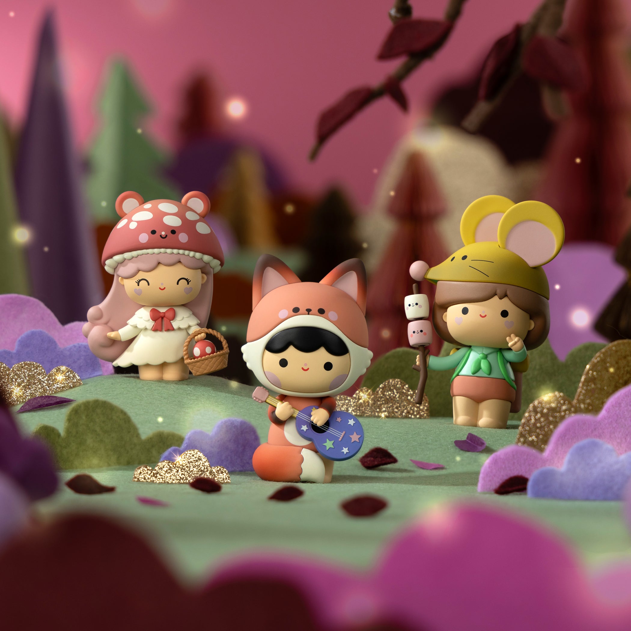 Sugar Plum Wood Momiji doll: vinyl figure in an animal suit, blind boxed, sparkling forest colors, holds a hidden message. — Momiji Doll