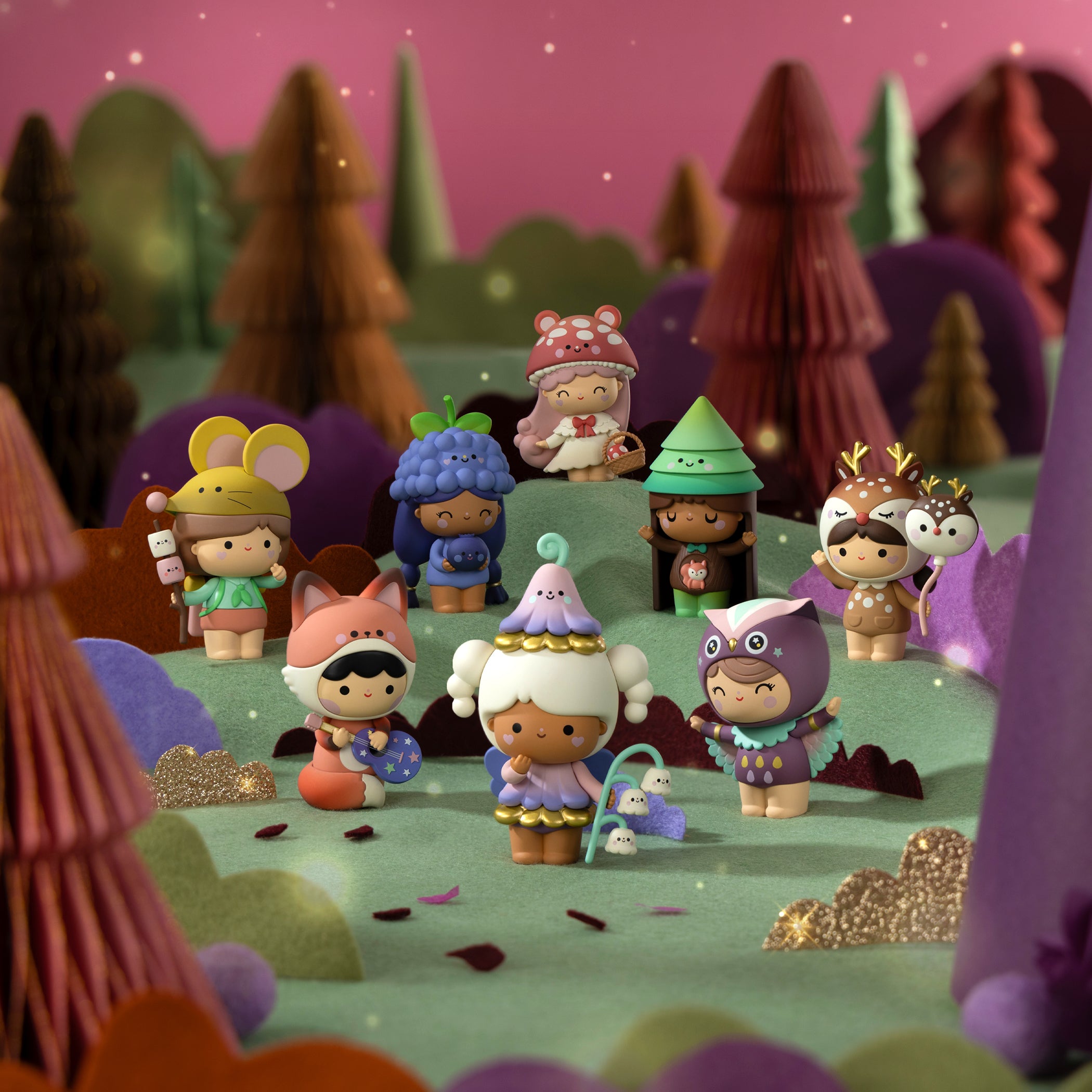Eight Sugar Plum Wood Momiji dolls in pastel outfits, each hiding a secret message, await in this kawaii blind box set. — Momiji Doll