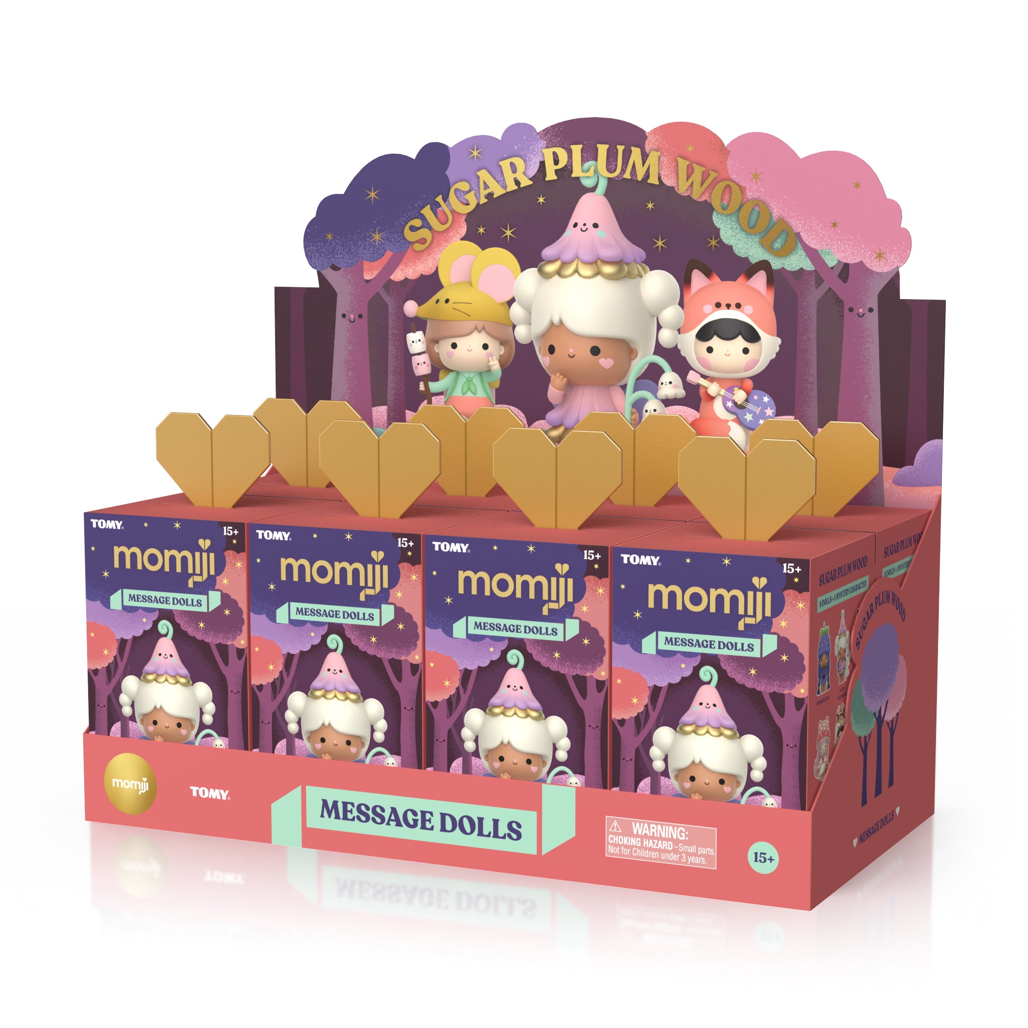 Sugar Plum Wood Momiji doll set of 8 pastel vinyl collectibles in blind boxes, each with heart motifs and kawaii details. — Momiji Doll