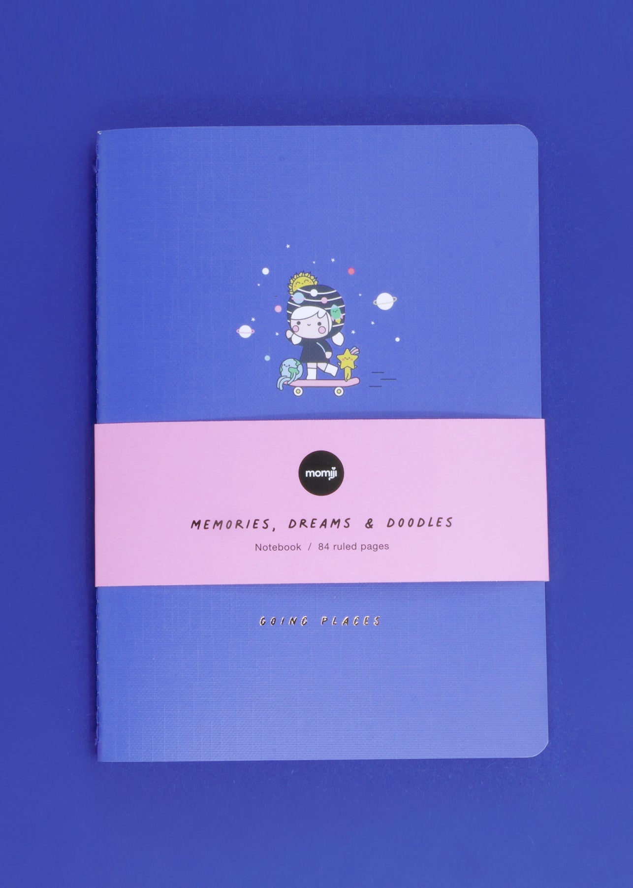 Going Places Momiji doll notebook: blue A5, ruled, cartoon animal on skateboard, pink MEMORIES band. — Momiji Doll
