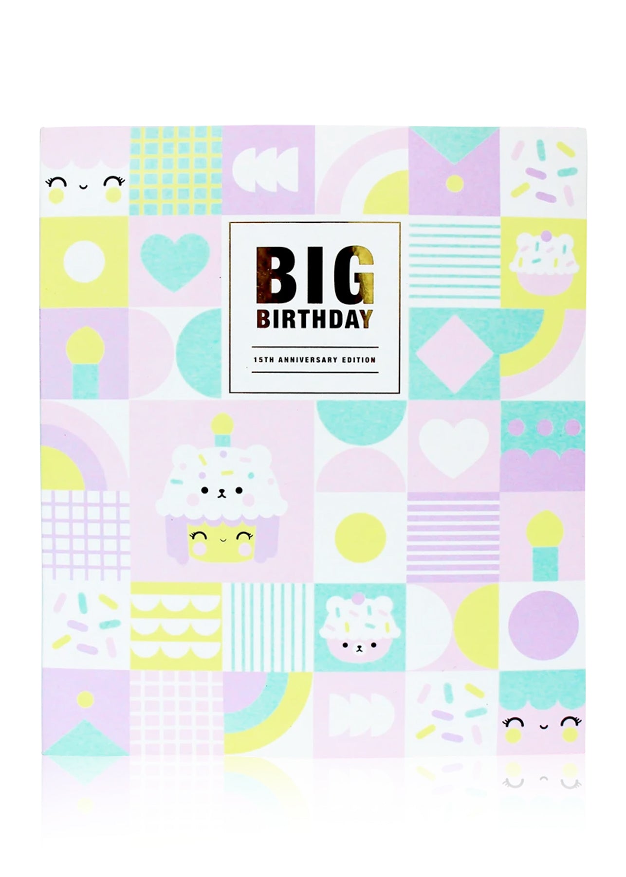 Pastel gift box with geometric shapes, cupcake faces, and a Big Birthday 20cm Momiji doll collectible keepsake. — Momiji Doll