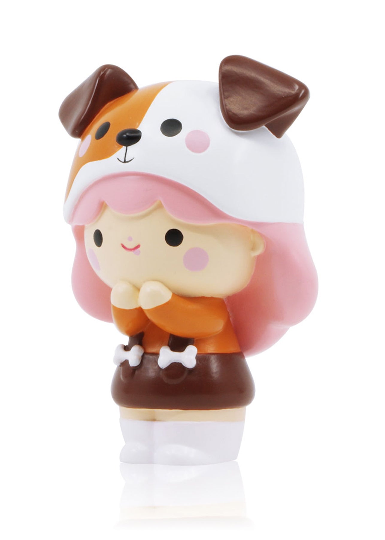 BFF Momiji doll with pink hair, dog hat, brown dress, white shoes, and hands clasped in front. Secret message slot inside. — Momiji Doll