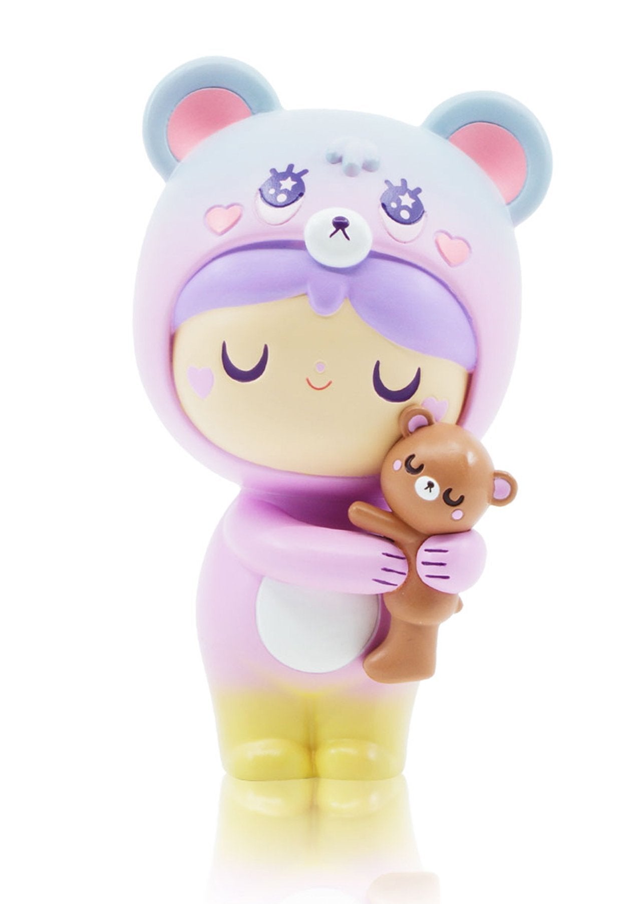 Bear Hugs Momiji doll: pastel bear character hugs a tiny brown teddy, both serene. Kawaii collectible with hidden message inside. — Momiji Doll