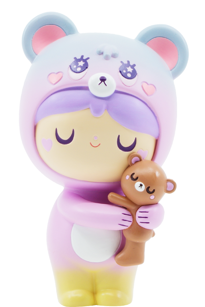 Bear Hugs Valentines Momiji doll in a pastel bear costume, holding a brown teddy. Vinyl collectible with secret message slot. — Momiji Doll