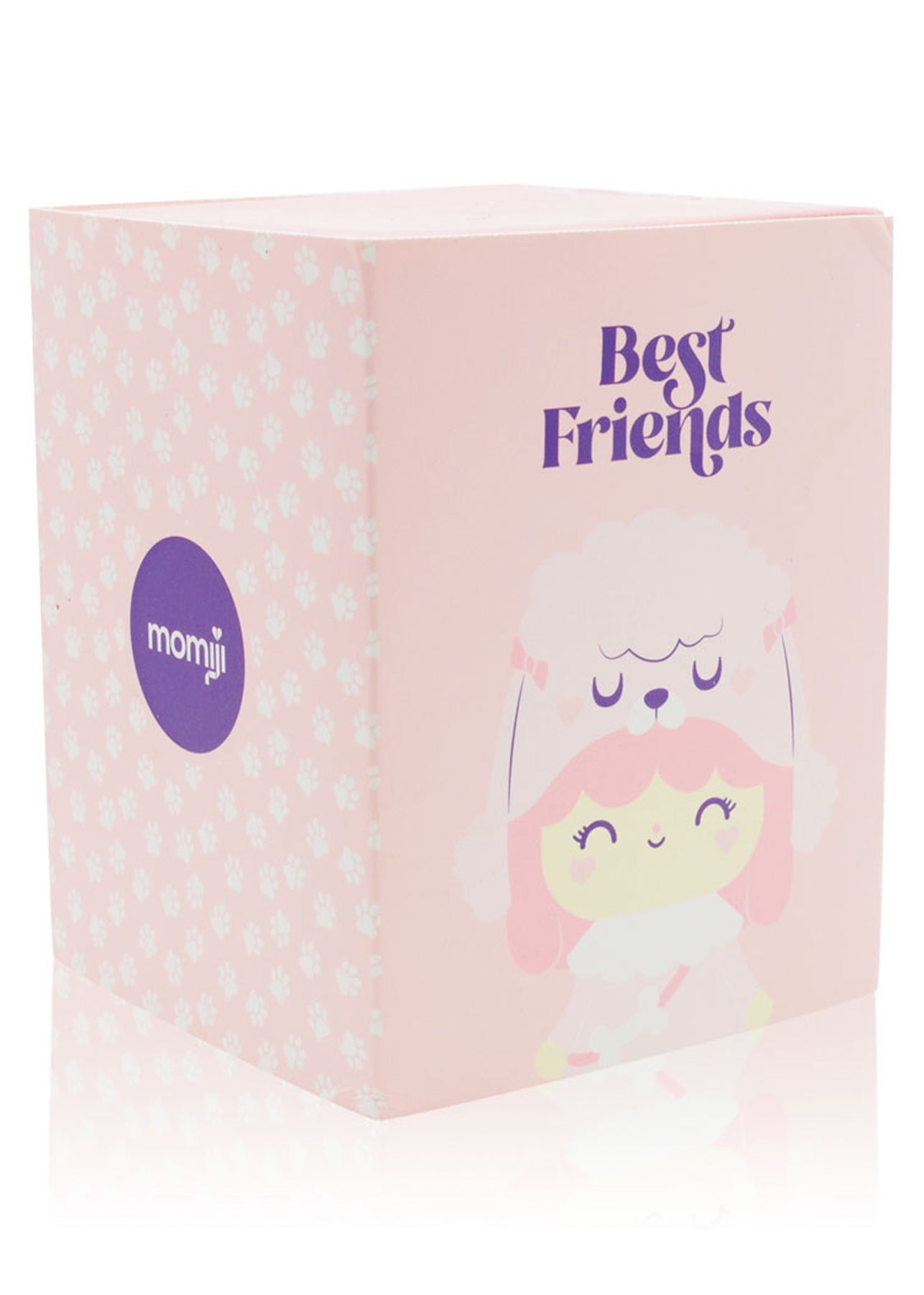 Pink Best Friends Momiji doll box with a dog and girl, white paw prints, and the collectible Momiji doll logo. — Momiji Doll