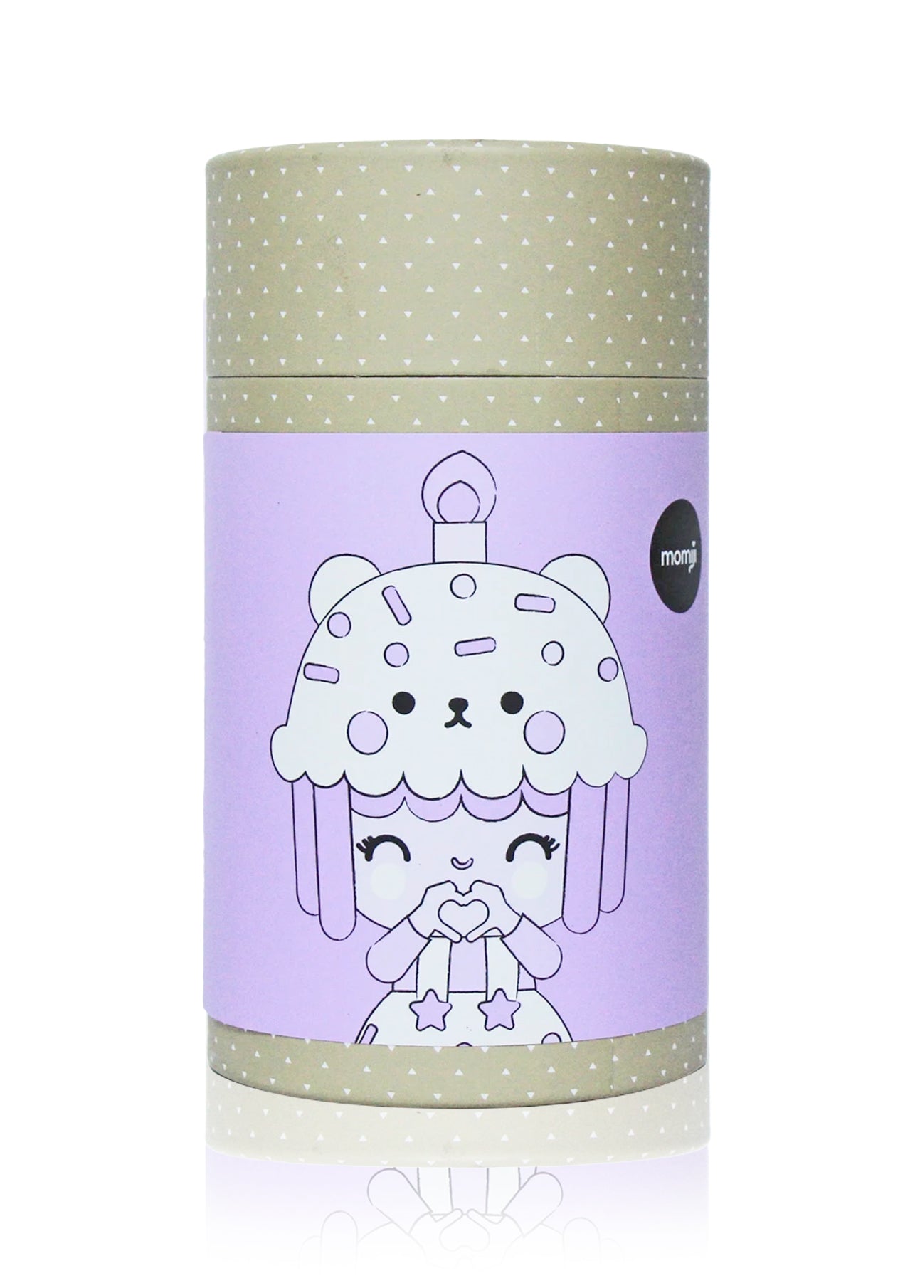 Cylindrical box featuring Birthday Girl Momiji doll in a bear hat, on purple label with polka-dot beige background. — Momiji Doll