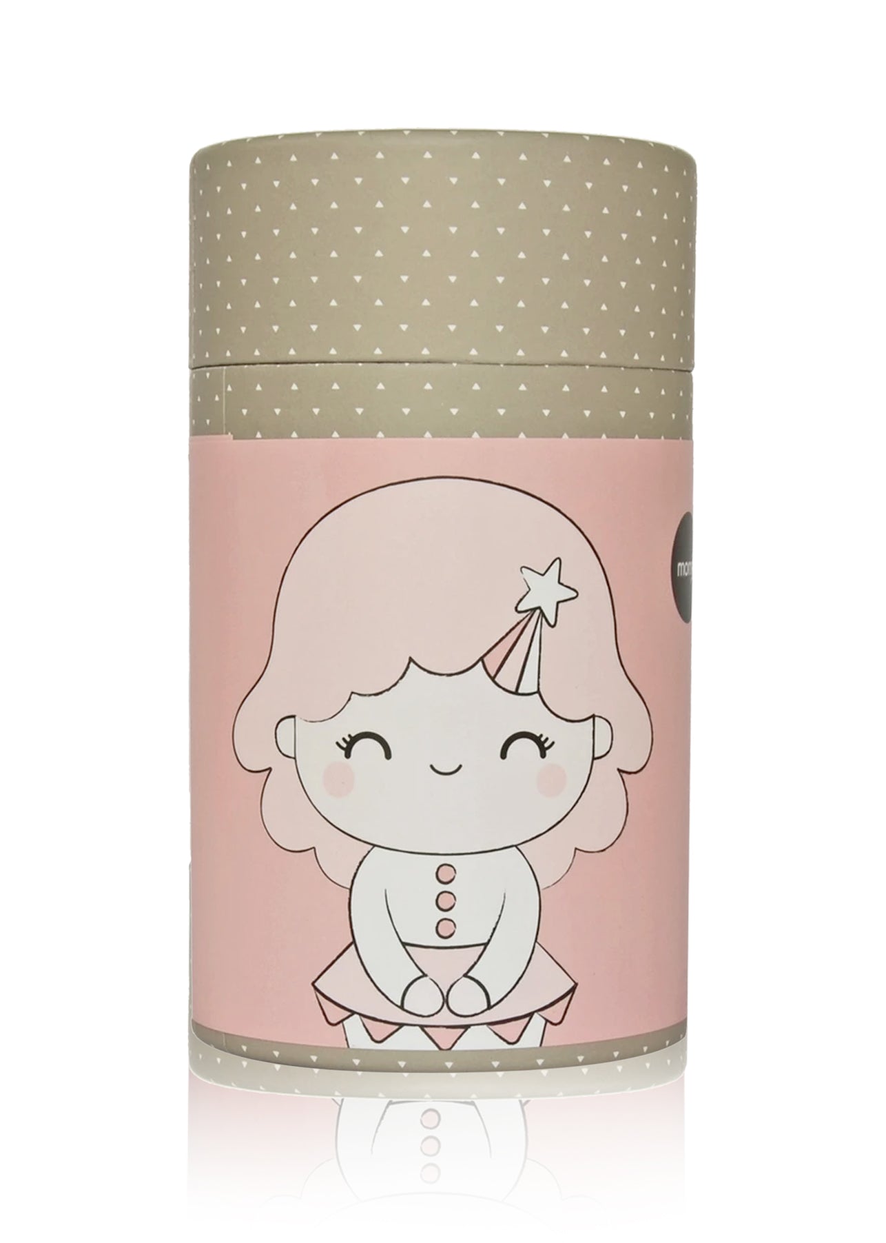 Momiji doll "Birthday Girl Rose" on a pink, round beige container with dots; features girl in party hat, kawaii style. — Momiji Doll
