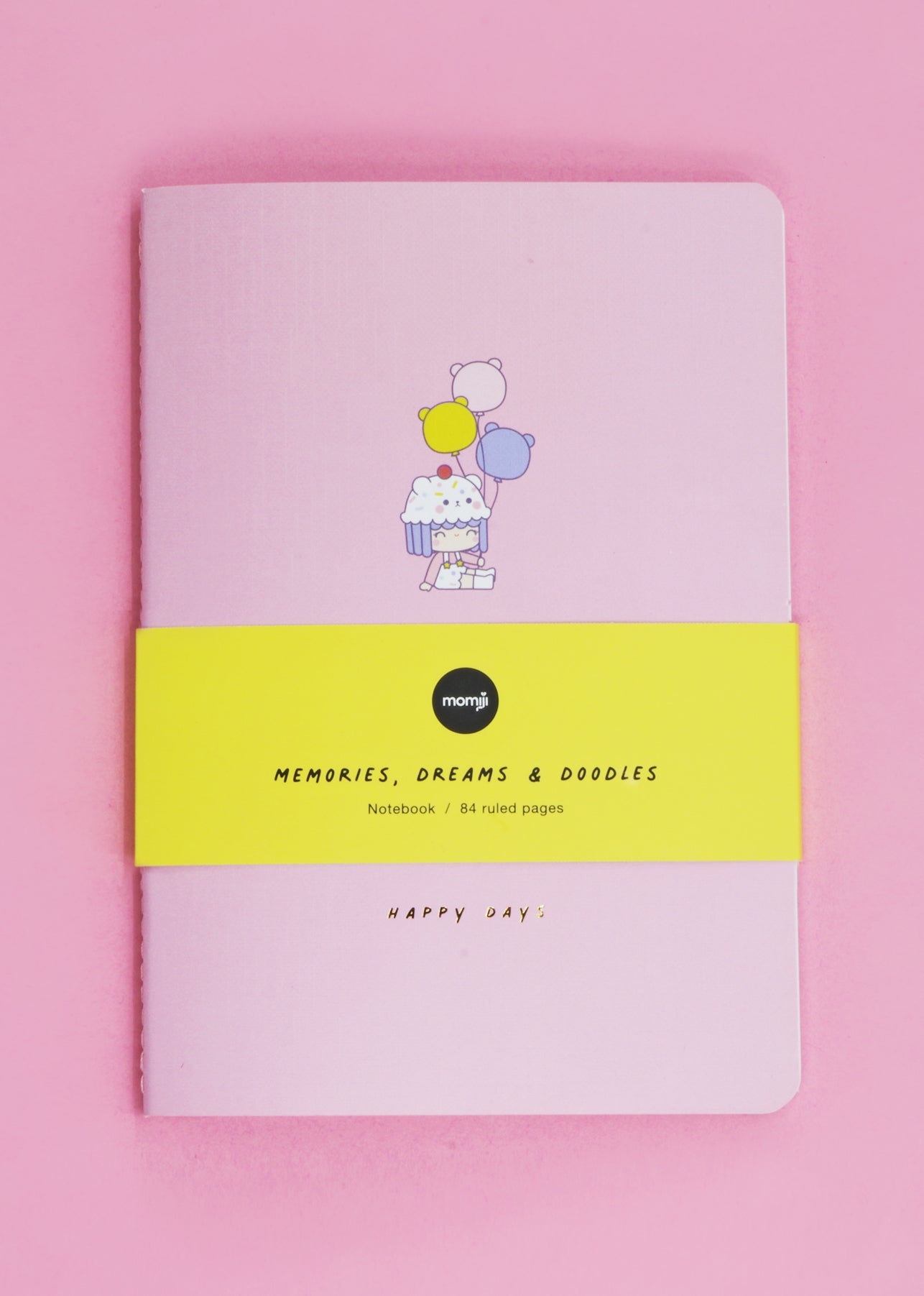 HAPPY DAYS Momiji doll notebook: pink A5, cartoon balloons, stitched binding, yellow "Memories, Dreams & Doodles" band. — Momiji Doll