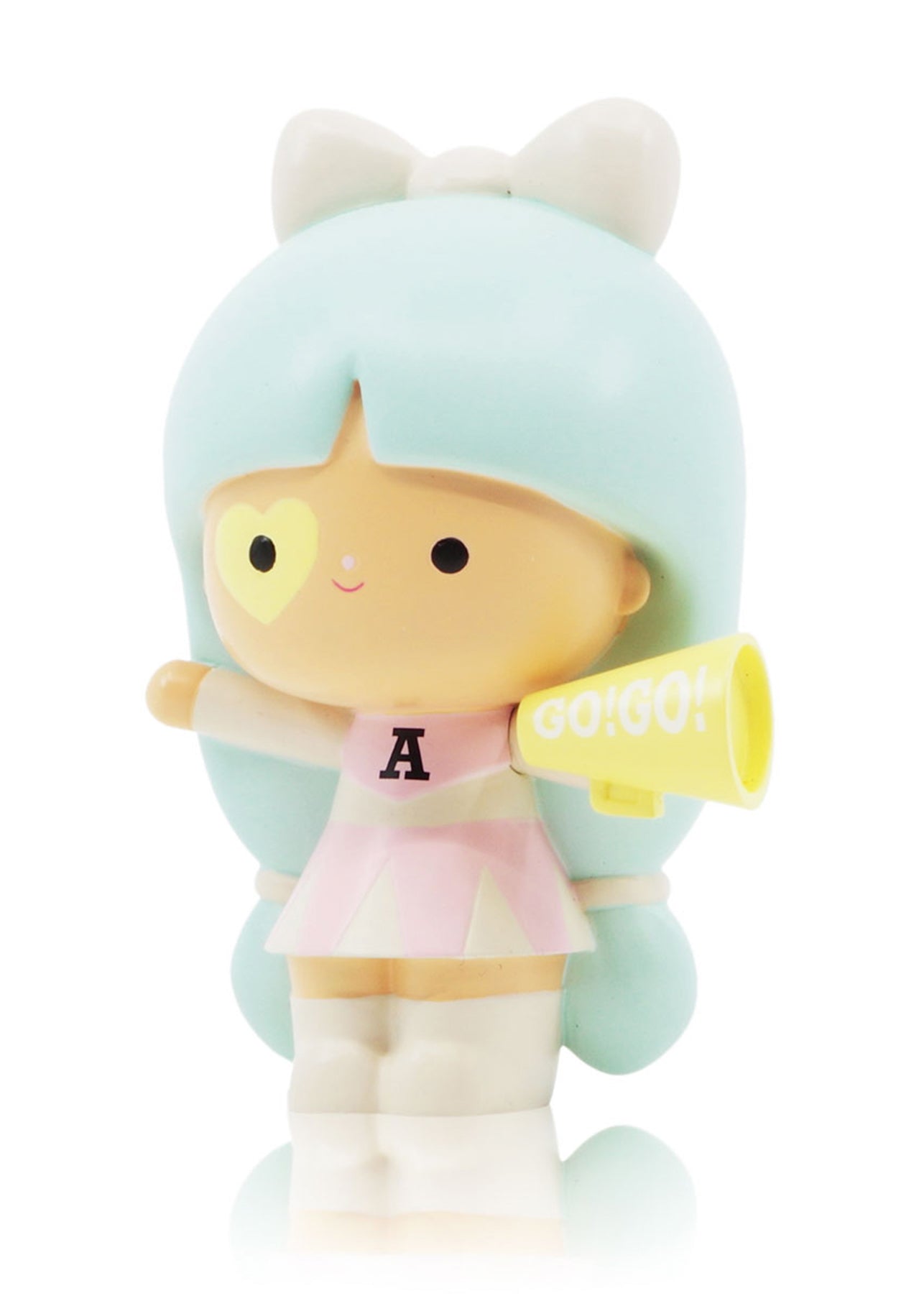 Courageous You Momiji doll with blue hair, pink dress, white boots, and a yellow megaphone that says GO! GO!. — Momiji Doll