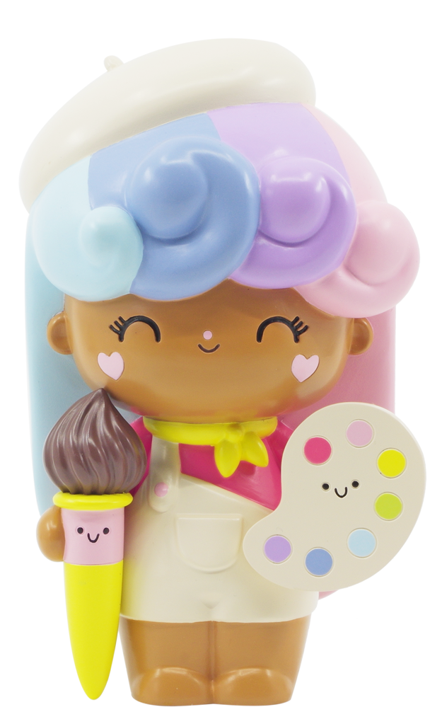 Create | Big Ideas 2020 Momiji doll with pastel swirled hair, paintbrush, and a smiling painter’s palette accessory. — Momiji Doll