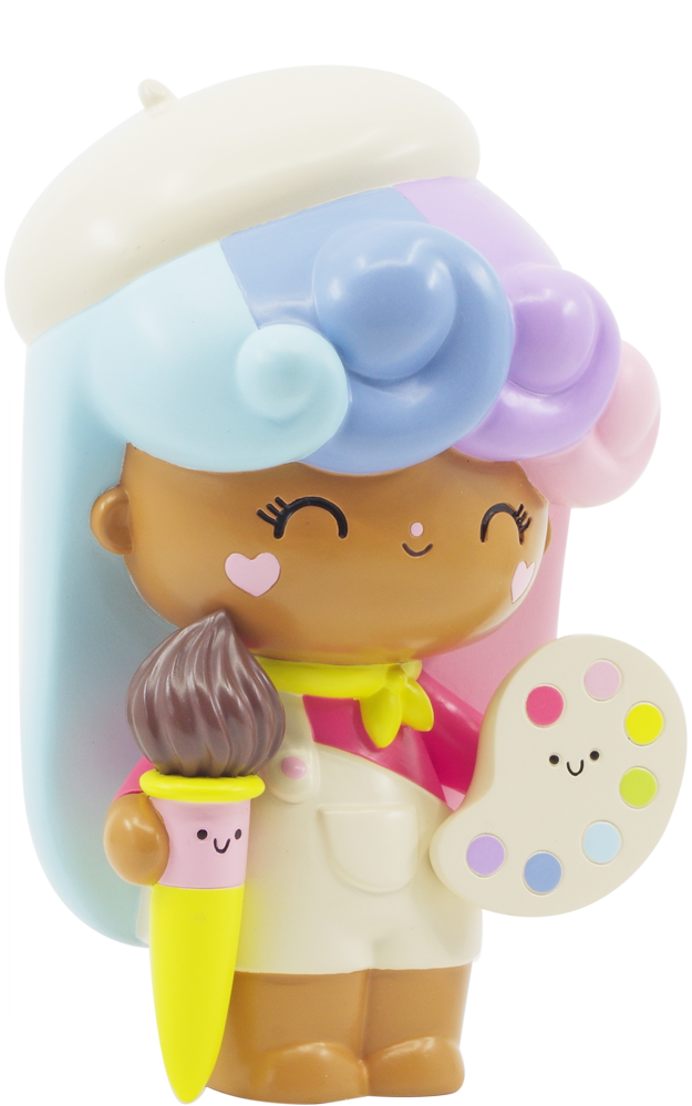Create | Big Ideas 2020 Momiji doll with pastel rainbow hair, holding a paintbrush and palette. Perfect for enamel pin collectors. — Momiji Doll