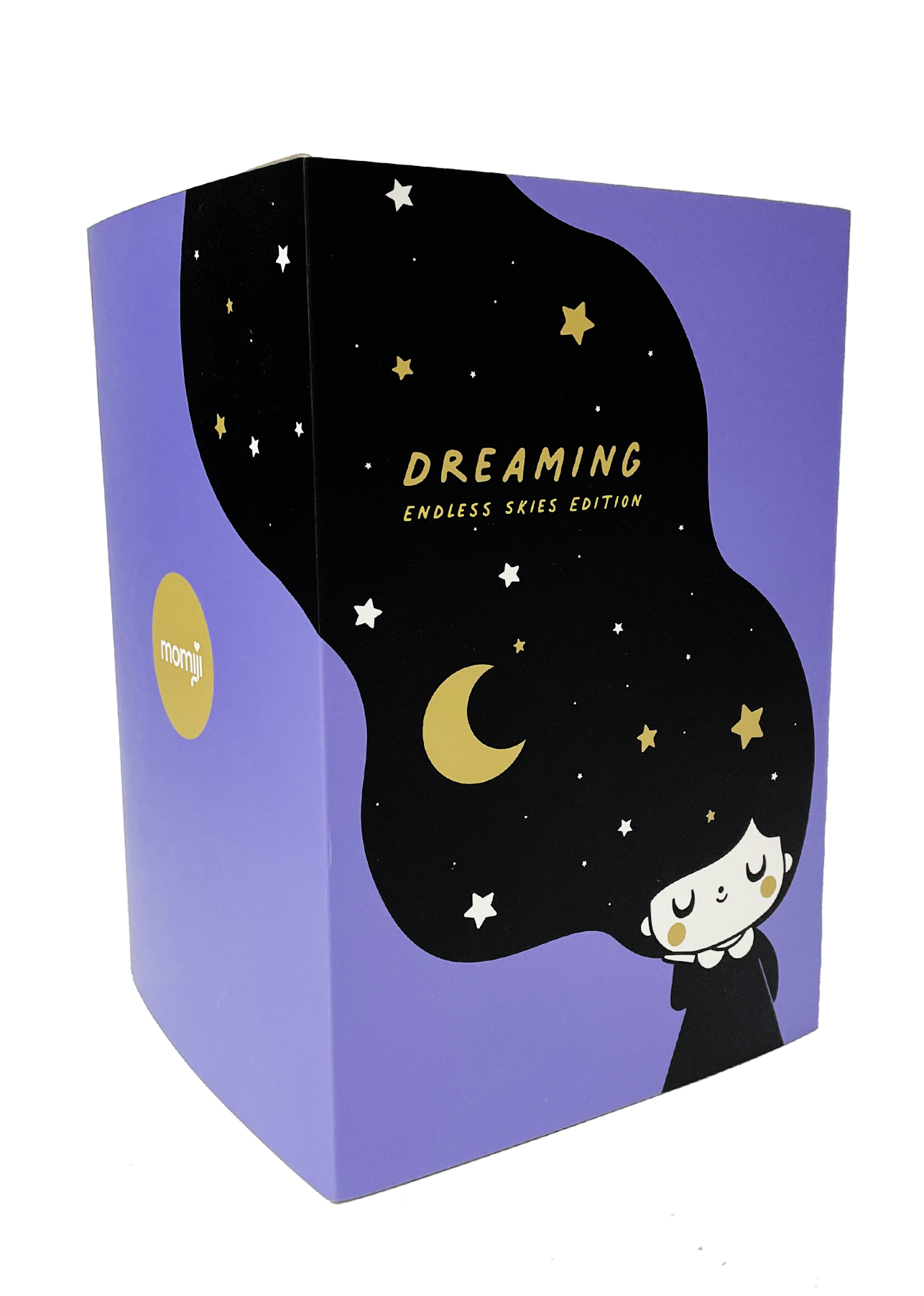 Purple box featuring Momiji doll, a cartoon girl with night sky hair and crescent moon details—Endless Skies Edition. — Momiji Doll