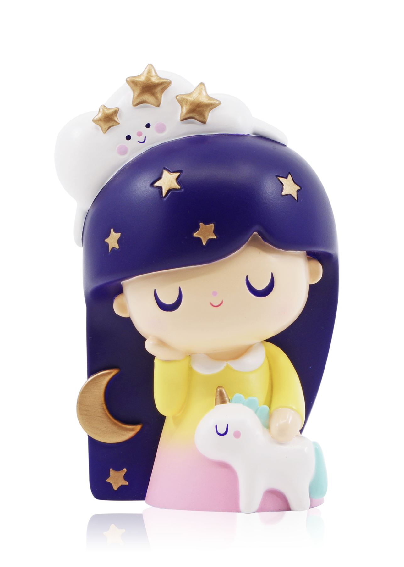Momiji Dreaming doll: 3" kawaii figure with purple hair, gold stars, crescent moon, unicorn & smiling cloud details. — Momiji Doll