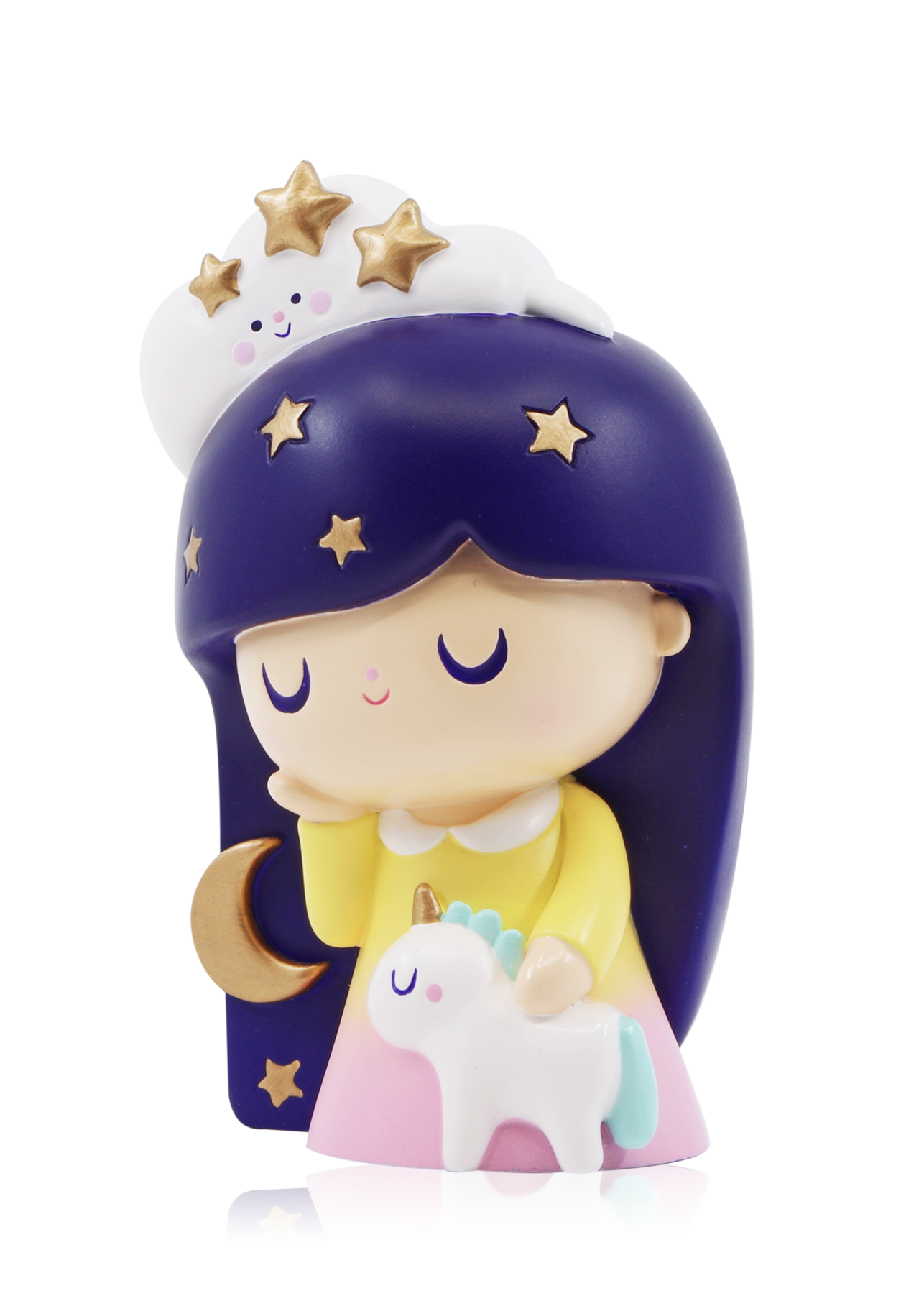Dreaming Momiji doll, 3" tall, dark purple hair, gold stars, cloud and unicorn details. Each hides a secret message inside. — Momiji Doll