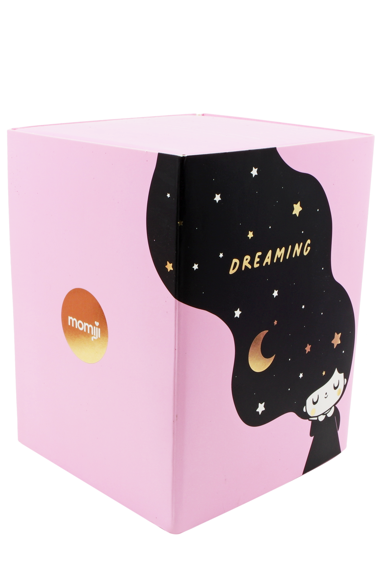 Dreaming Momiji doll, 3" tall, with starry night hair, moon design. Gold Momiji logo on pink box. Collectible with secret message. — Momiji Doll