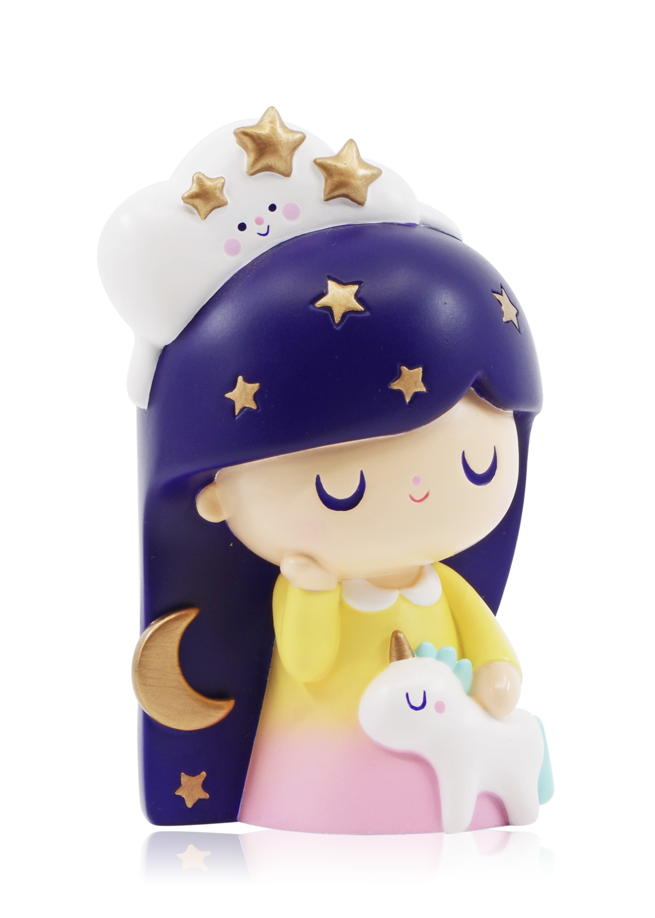 Dreaming is a 3" limited edition Momiji doll with dark hair, gold stars, a unicorn accent, and a secret message inside. — Momiji Doll