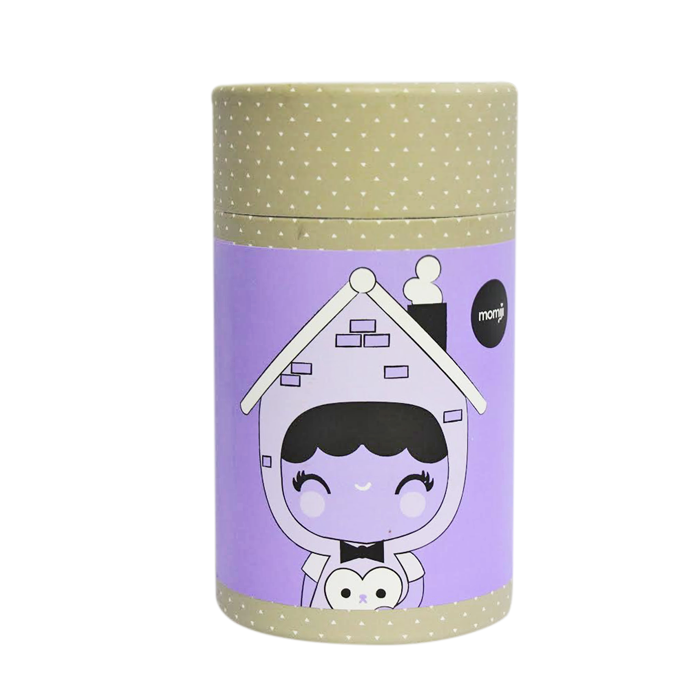 Cylindrical container with a purple "Home" label, featuring a kawaii Momiji doll girl character—collectible and gift-ready. — Momiji Doll