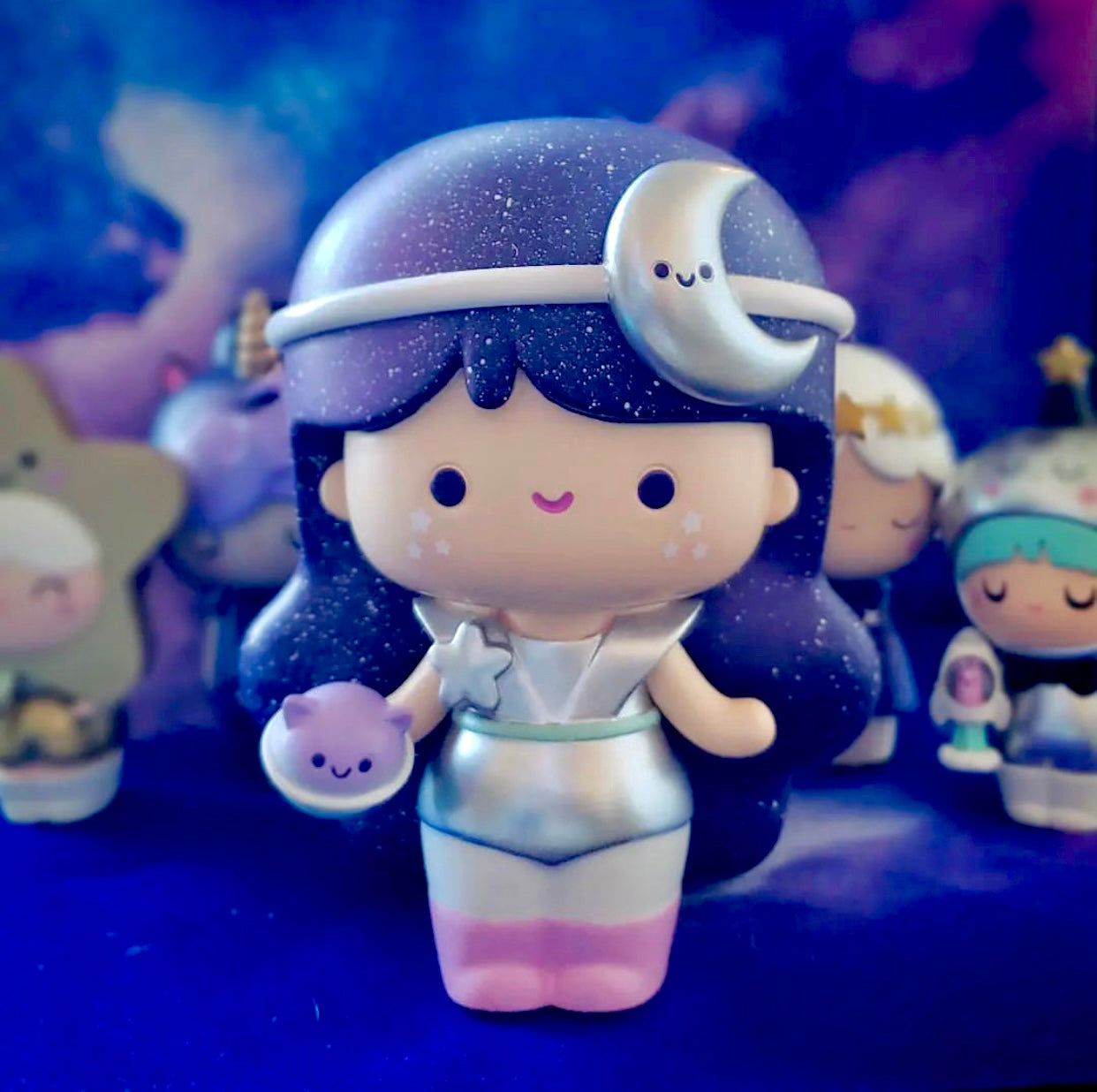 Electra Momiji doll, 5.5" tall with dark purple hair, moon headband and star wand. Kawaii collectible with hidden message. — Momiji Doll