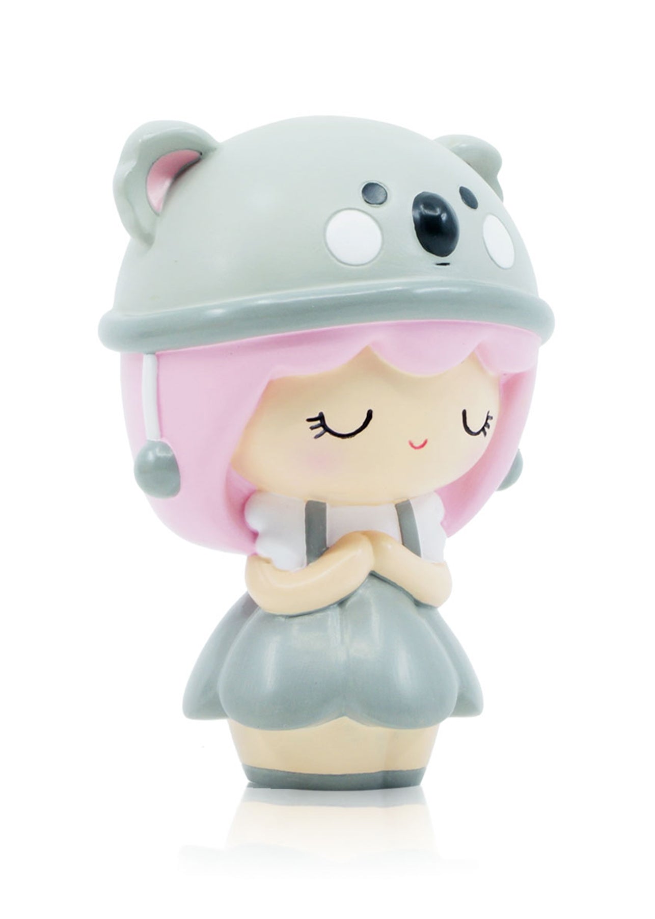 Koalamama Momiji doll with pink hair, gray koala hat, and closed eyes. A kawaii collectible that hides a secret message inside. — Momiji Doll