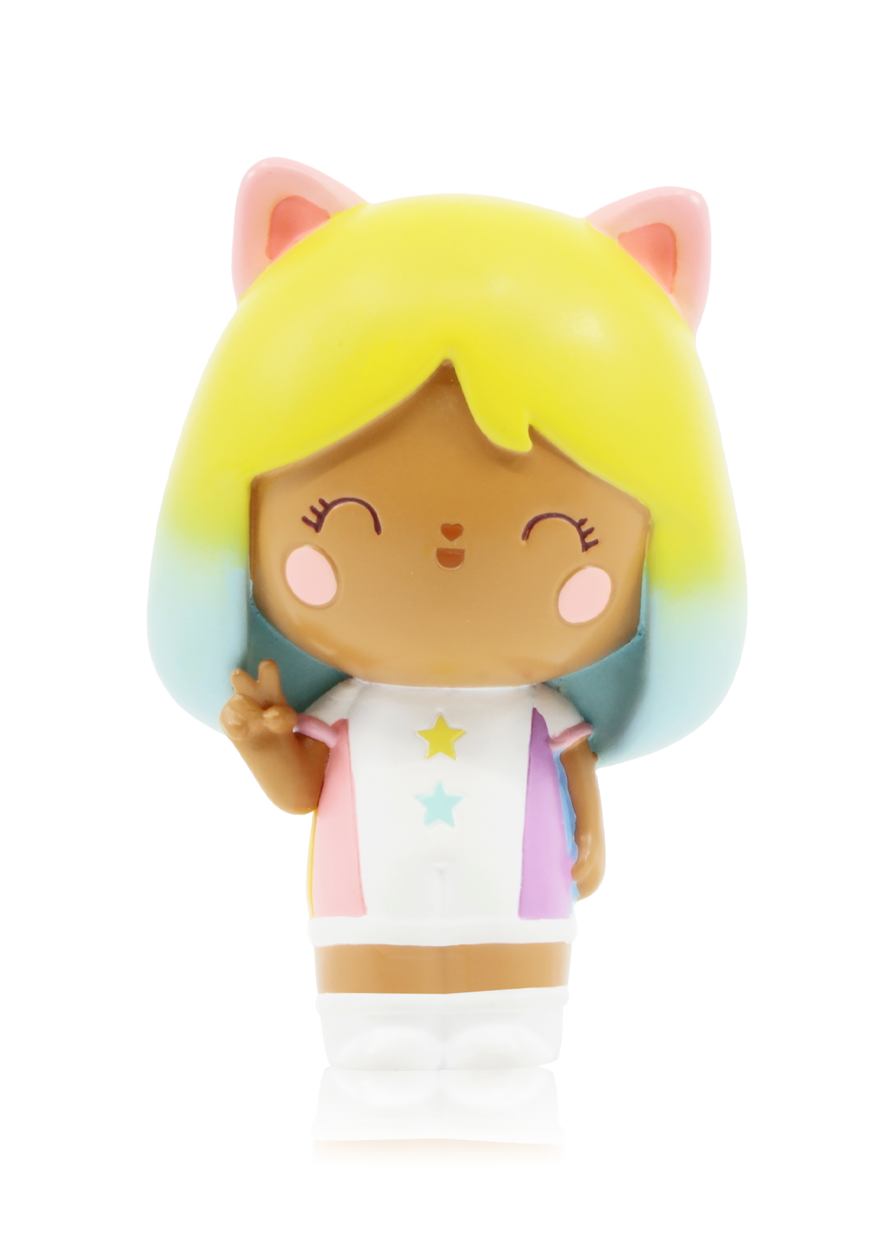 Little Rainbow Kitten Momiji doll with yellow & blue hair, cat ears, starry white outfit, smiles and gives a peace sign. — Momiji Doll