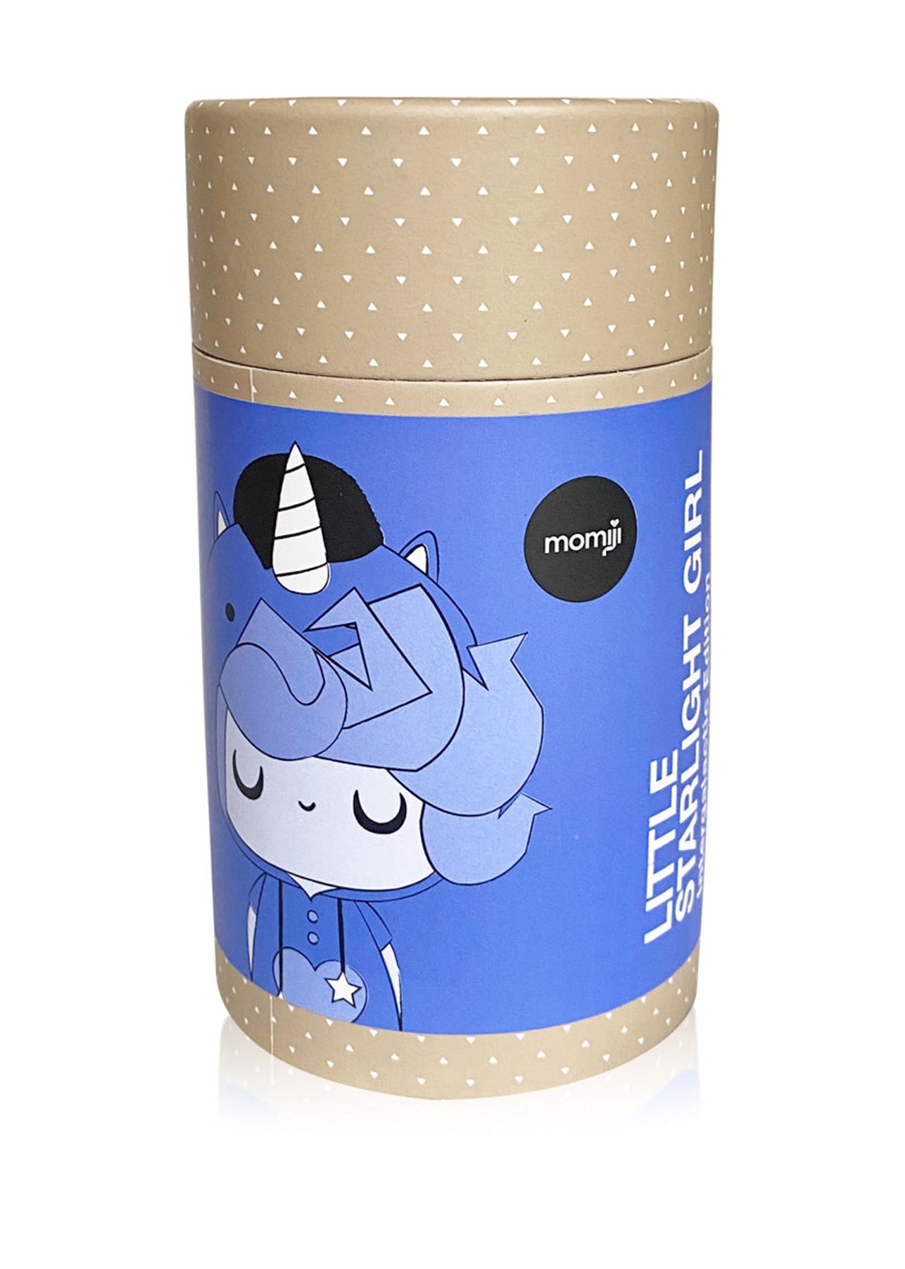 Brown cylindrical box with blue label showing kawaii Momiji doll—Little Starlight Girl 2021, unicorn theme, collectible character. — Momiji Doll