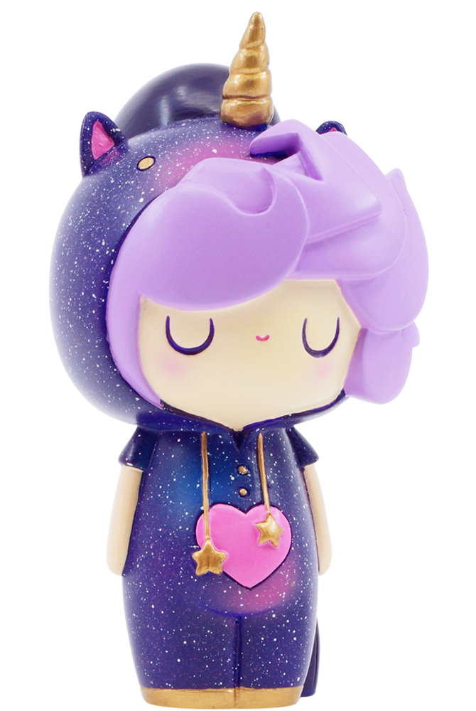 Little Starlight Girl Momiji doll with purple hair, unicorn onesie, and pink heart necklace. A kawaii collectible surprise!. — Momiji Doll