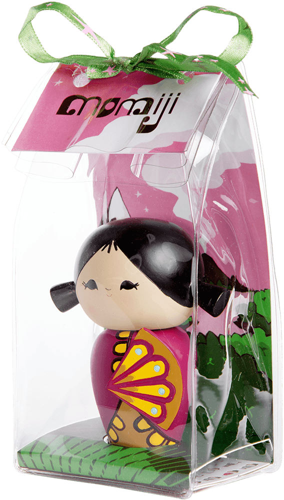 Happy Happy Happy Momiji doll with black pigtails, pink outfit, in a clear gift box tied with a green ribbon. — Momiji Doll