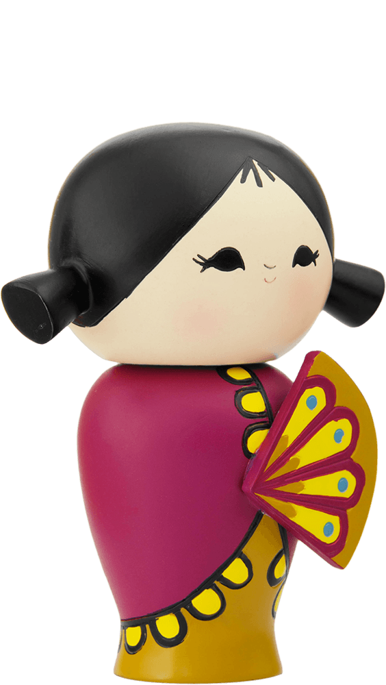 Happy Happy Happy Momiji doll with black hair, pink dress, and yellow fan decorated with red and blue accents. — Momiji Doll