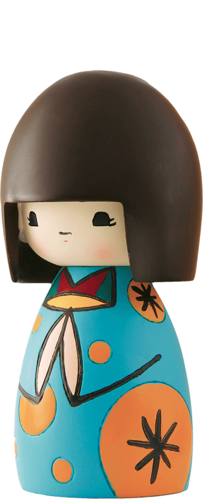 Luckyness Momiji doll with a blue dress, orange patterns, and a big dark brown bob hairstyle. Collectible with secret message. — Momiji Doll