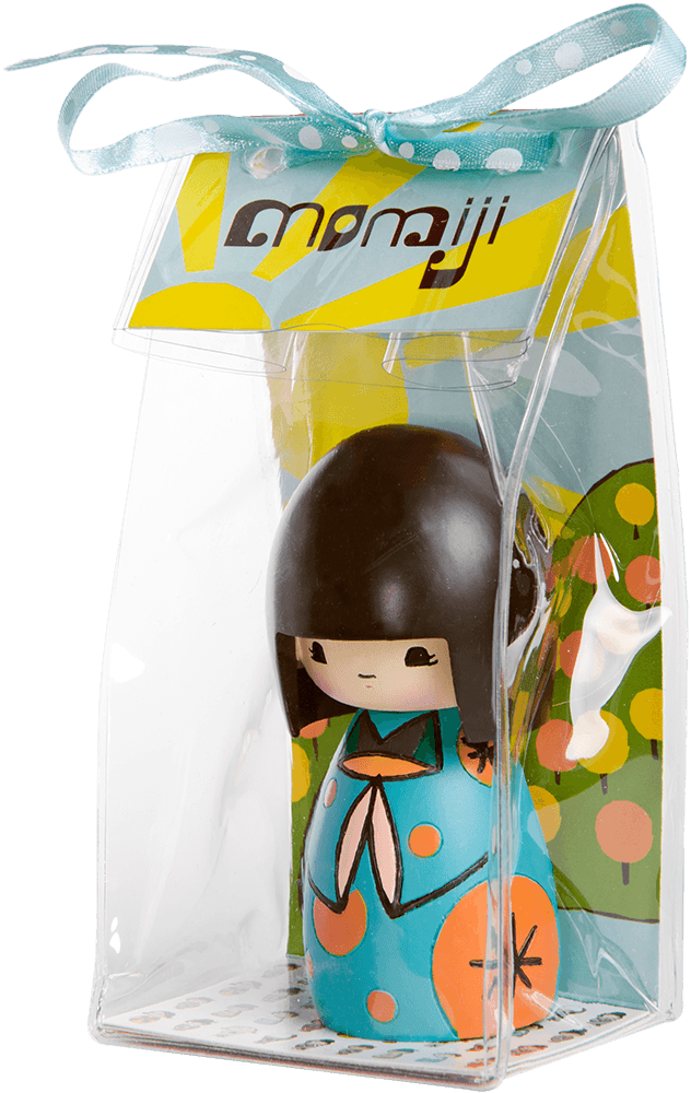 Luckyness Momiji doll with black hair in clear packaging, tied with a polka-dot ribbon and tag. Collectible and kawaii. — Momiji Doll