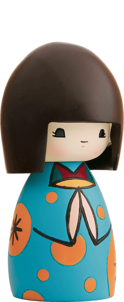Luckyness Momiji doll has straight dark brown hair and orange patterns, with a secret message hidden inside. Collectible and kawaii. — Momiji Doll