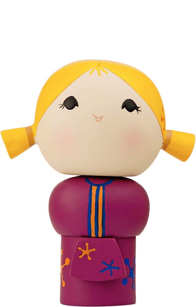 The Chatting Momiji doll has yellow hair, a purple outfit, a smiling face, and colorful patterns. Secret message slot included. — Momiji Doll