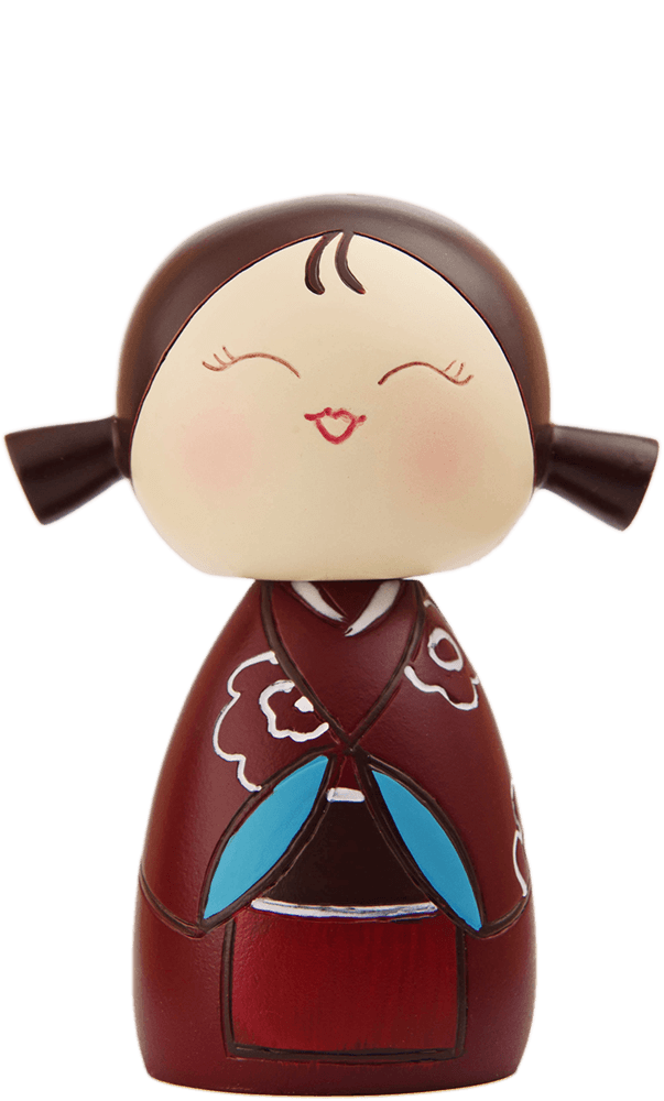 Momiji doll Giggles has a round face, brown hair, and wears a maroon outfit decorated with blue and white patterns. — Momiji Doll