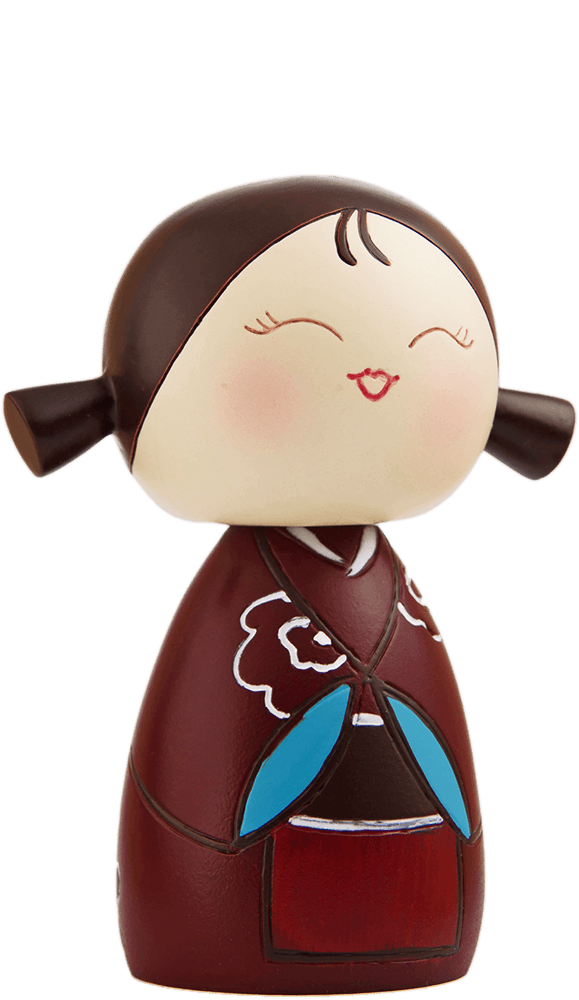 Giggles Momiji doll with pigtails, a blushing smile, rosy cheeks, and cute kawaii details. Collectible with hidden message. — Momiji Doll