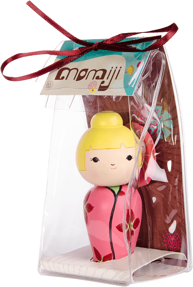 Sunnyshine Momiji doll with blonde hair, pink dress, in a clear box topped with burgundy ribbon and a Momiji tag. — Momiji Doll