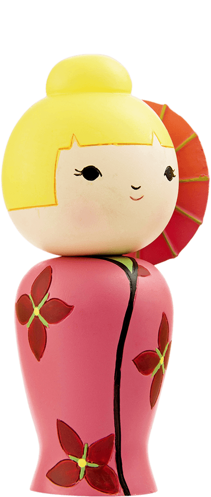 Sunnyshine Momiji doll with blonde bun, pink outfit, red flowers, and a red fan. Collectible with hidden message inside. — Momiji Doll