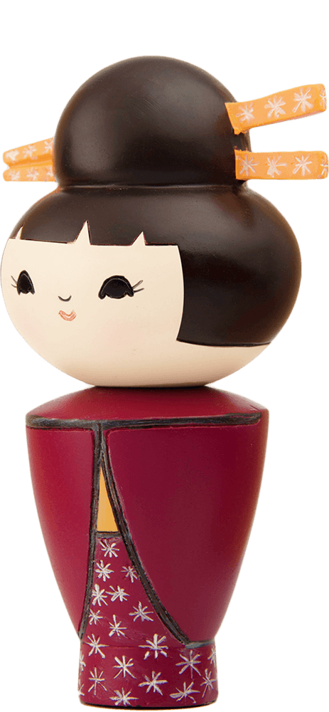 Dizzy Momiji doll with black hair in a bun, red outfit, and hairsticks. Collectible with hidden message inside. — Momiji Doll