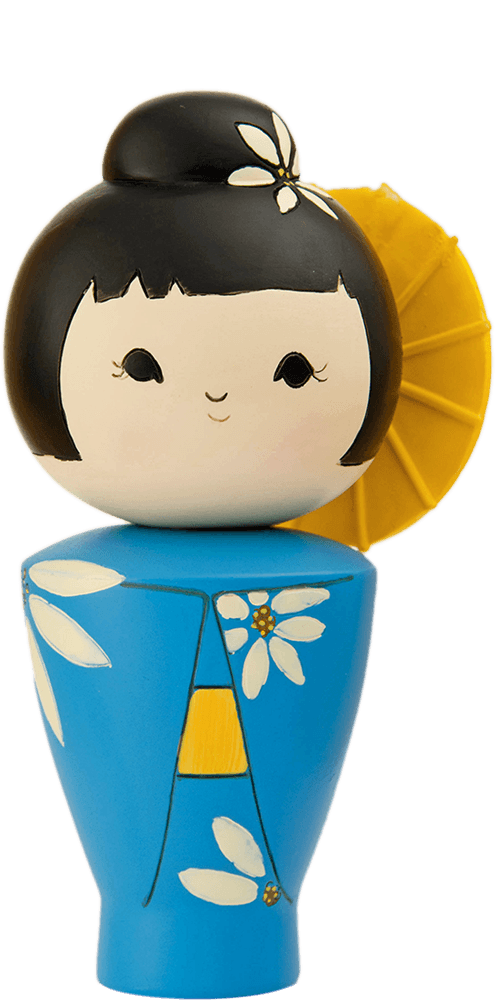 Cool Momiji doll dressed in blue with white flowers, black hair in a bun, and a yellow accessory; collectible and hides a secret note. — Momiji Doll