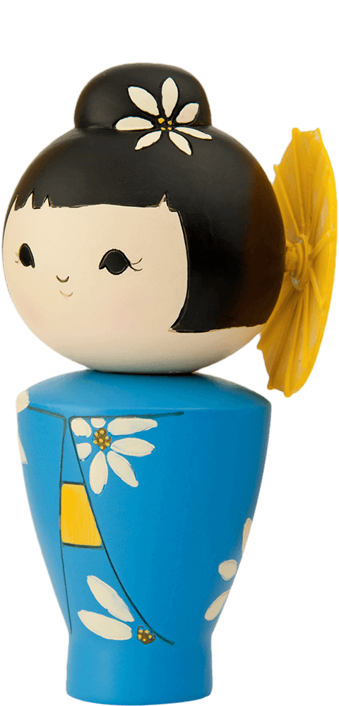Cool Momiji doll with black hair, white flowers, and a bright yellow accent; vinyl collectible with hidden message inside. — Momiji Doll