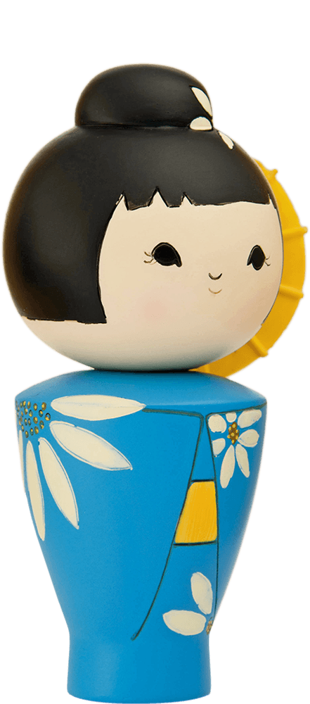 Cool Momiji doll wearing a blue floral dress, black hair in a bun, holding a yellow fan; collectible kawaii vinyl character. — Momiji Doll