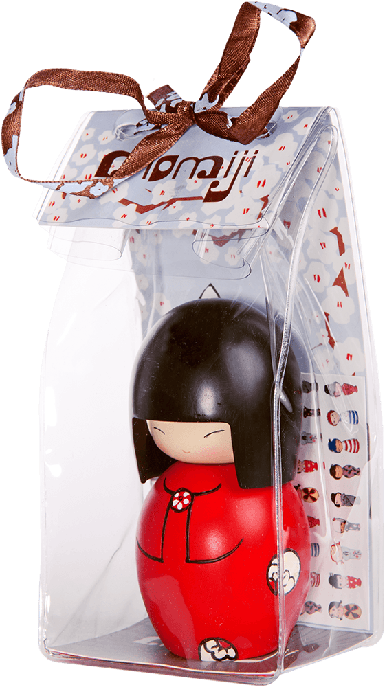 Soul Momiji doll with black hair and red clothes, inside clear packaging with a brown ribbon bow on top. — Momiji Doll