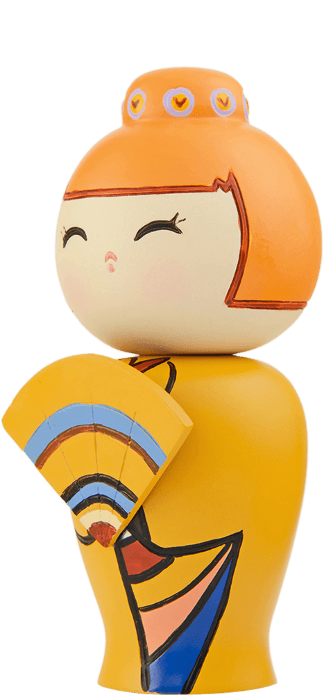 Lovely Day Momiji doll with orange hair, closed eyes, yellow dress, and holding a vibrant multicolored fan. — Momiji Doll