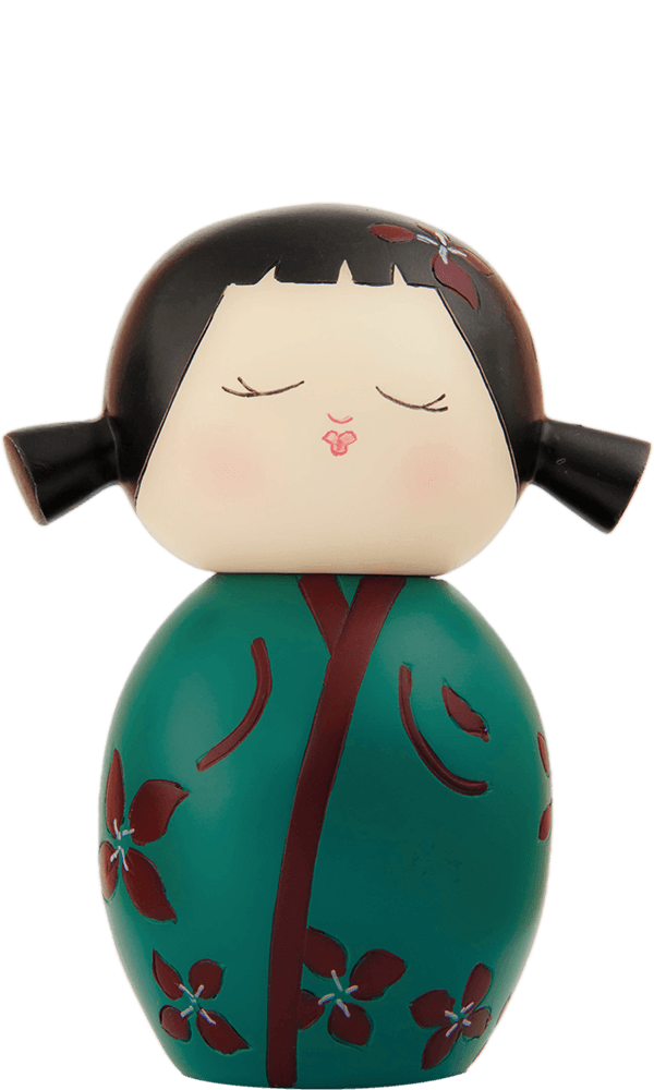 Flowers Momiji doll with closed eyes, black pigtails, and a green outfit decorated with flowers; message hidden inside. — Momiji Doll