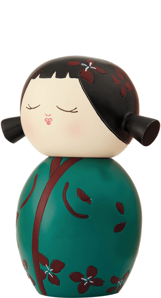 Flowers Momiji doll with closed eyes, dark hair, and a teal outfit detailed with maroon flowers. Collectible and kawaii. — Momiji Doll