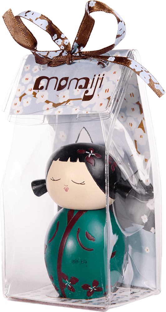 Momiji doll Flowers with black hair and a green outfit, in a clear box with floral details and a ribbon. — Momiji Doll