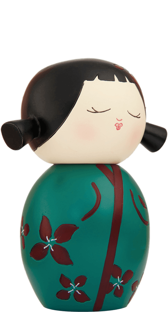 Flowers Momiji doll with black hair in buns, red flowers, and a calm expression. Features secret message slot at the base. — Momiji Doll