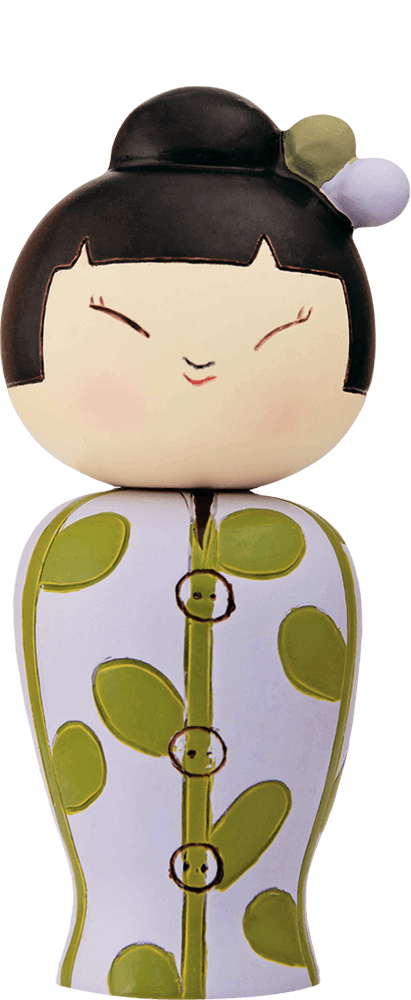 Higgledy-piggledy Momiji doll with a round head, smiling face, leaf dress, flower in hair; collectible with hidden message. — Momiji Doll