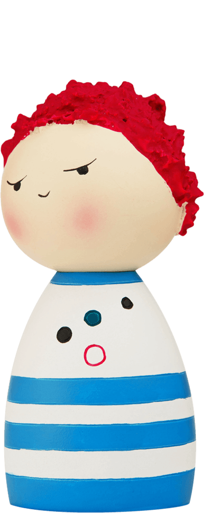 Spike Momiji doll with red textured hair, blushing cheeks, blue-and-white striped outfit, and a wide-eyed surprised expression. — Momiji Doll